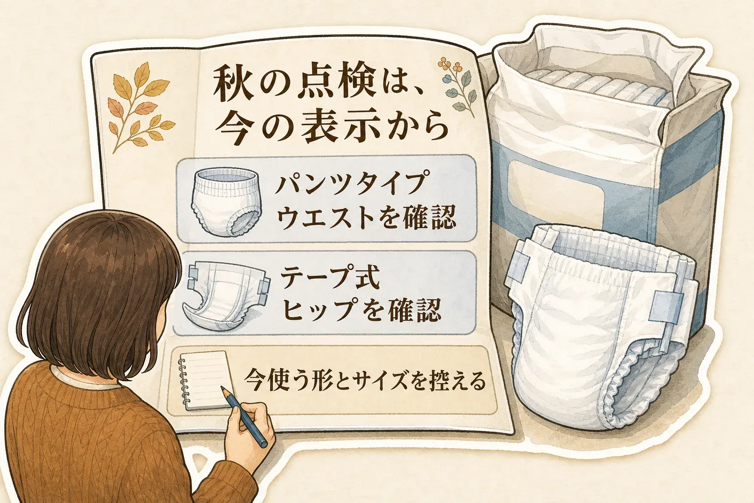 秋の点検で大人用おむつの現在の表示を確認する図。パンツタイプはウエスト、テープ式はヒップを確認し、今使う形とサイズを控える。