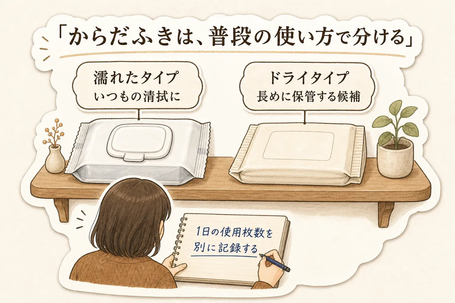 介護用からだふきの役割分けを示す図。濡れたタイプはいつもの清拭用、ドライタイプは長めに保管する候補とし、1日の使用枚数を別に記録する。