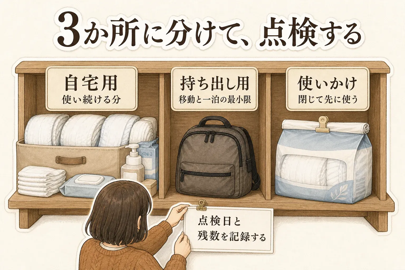 大人用おむつとからだふきを3か所に分ける図。自宅用には使い続ける分、持ち出し用には移動と一泊の最小限、使いかけは閉じて先に使う分を置き、点検日と残数を記録する。