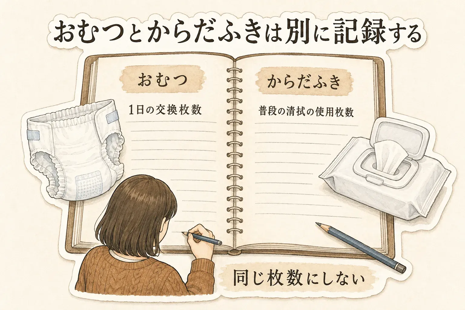 おむつとからだふきの使用量を別々に記録する図。おむつは1日の交換枚数、からだふきは普段の清拭で使う枚数をそれぞれ記入し、同じ枚数にしないことを示している
