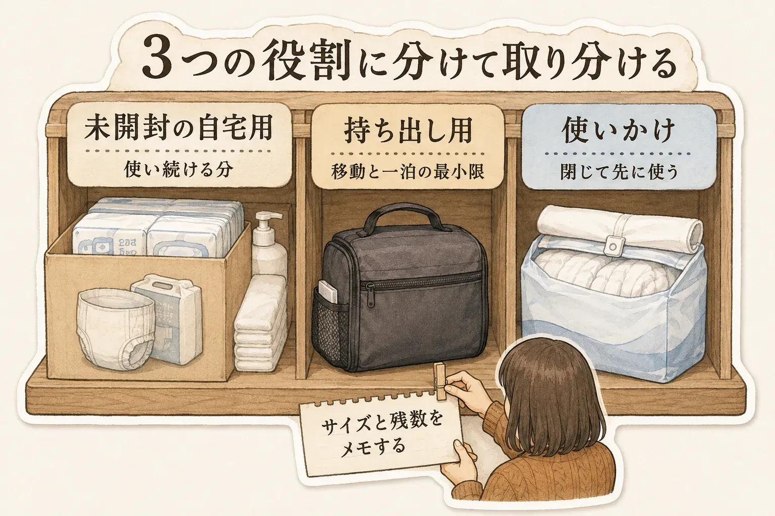 大人用おむつとからだふきを3つの役割に分けて取り分ける図。未開封の自宅用は使い続ける分、持ち出し用は移動と一泊の最小限、使いかけは閉じて先に使う分とし、サイズと残数をメモするよう示している