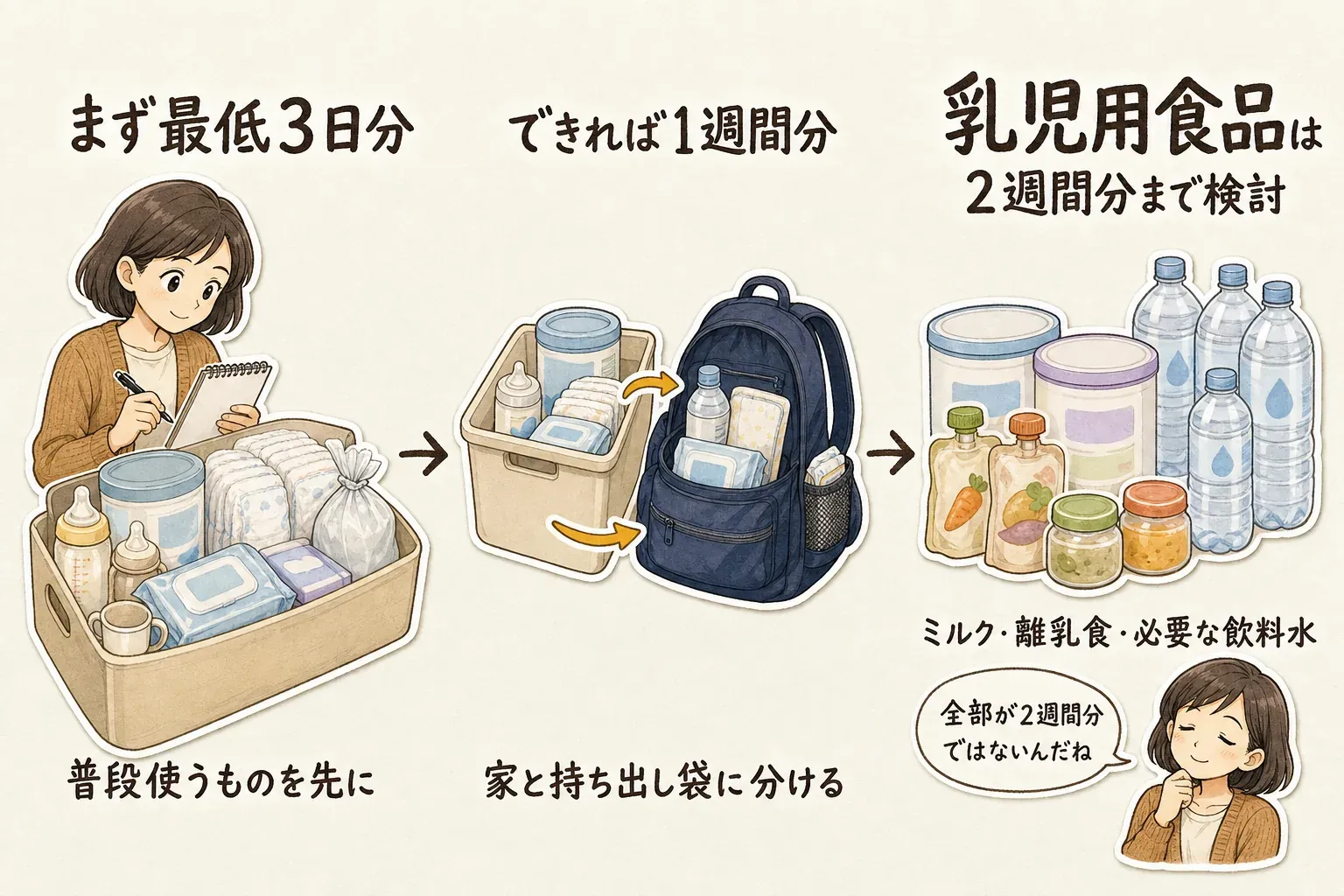 赤ちゃんの防災備蓄を、普段使うミルク・おむつ・授乳用品などの最低3日分から始め、できれば1週間分へ増やして家と持ち出し袋に分け、乳児用ミルク・離乳食・必要な飲料水は2週間分まで検討する3段階の備蓄手順