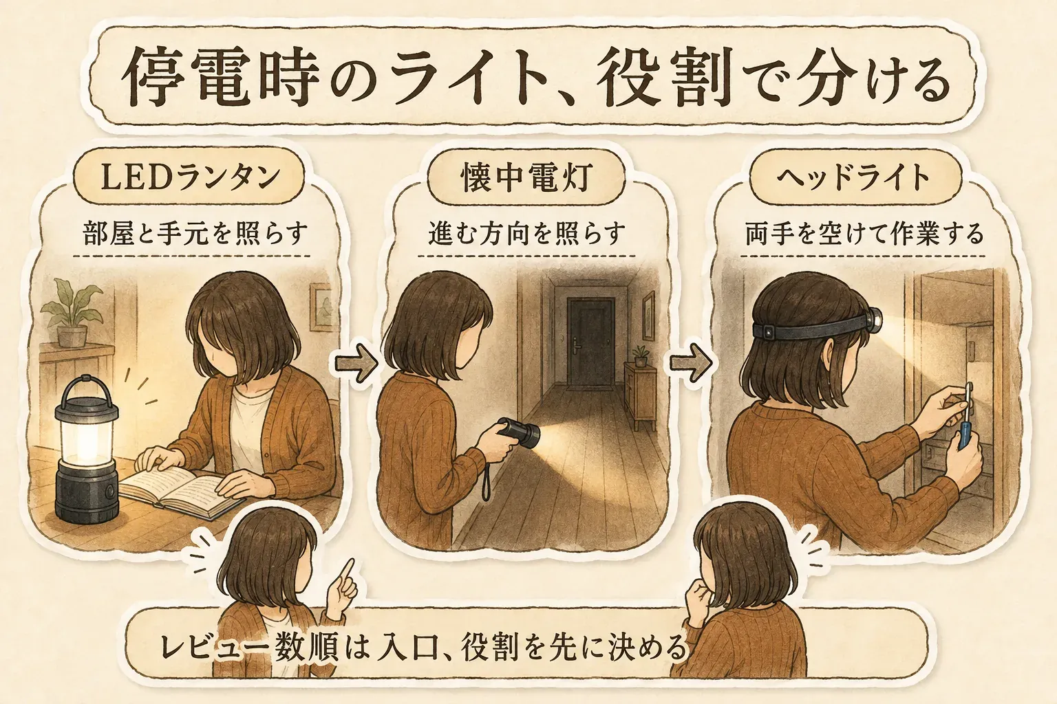 停電時にライトを置く3つの役割を示す図。寝室の枕元には起き上がる前に手を伸ばして持てる小型ライト、リビング・ダイニングには家族の手元と周囲を照らすLEDランタン、廊下・玄関には出口や足元を確認しながら持って歩くライトを置く。出典：東京消防庁