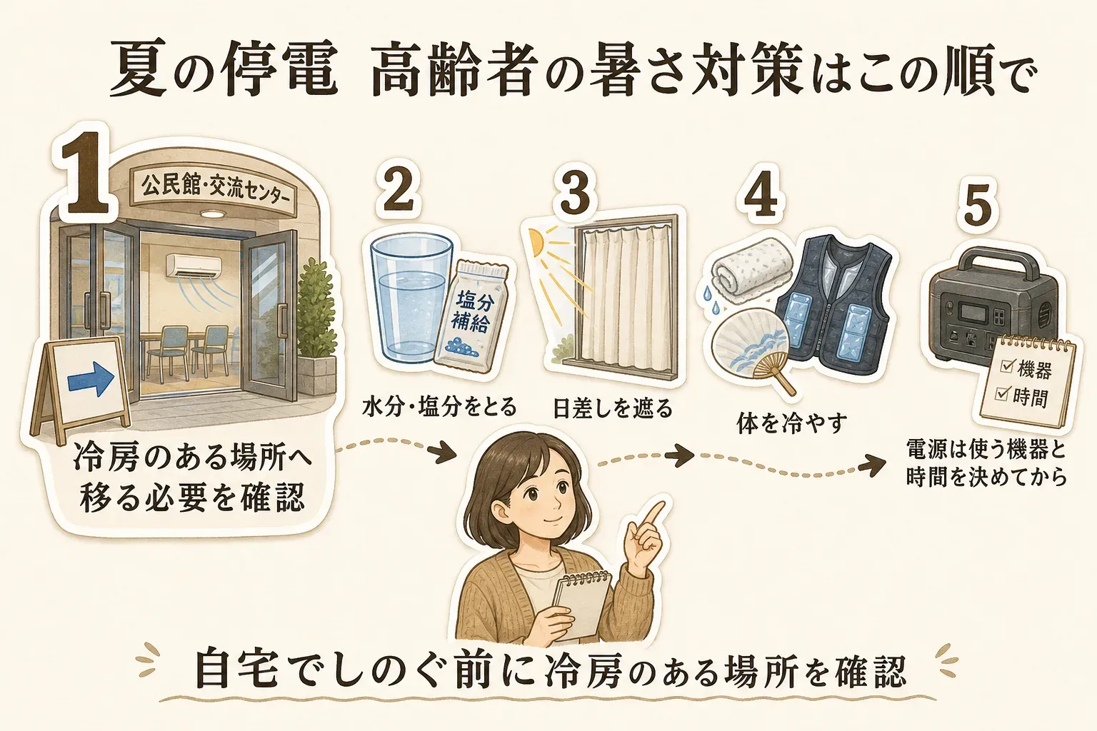 停電でエアコンが使えない夏に高齢者を守る優先順位を示す図。冷房のある場所へ移る必要がないかを最初に確認し、水分・塩分補給、日差しを遮ること、体を冷やすことを続け、ポータブル電源は使う機器と時間を決めてから加える流れ。出典：厚生労働省・環境省ほかの熱中症対策資料