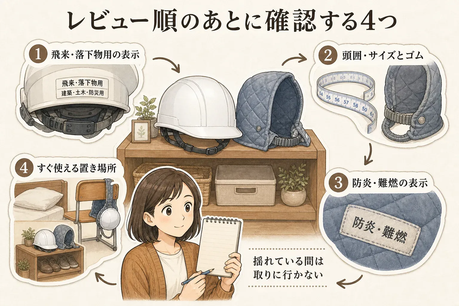 レビュー数順の後に確認する4点を示す図。ヘルメットの飛来・落下物用の表示、防災頭巾の頭囲・サイズとゴム、防炎・難燃の表示、すぐ使える置き場所を確認し、揺れている間は取りに行かないよう示している