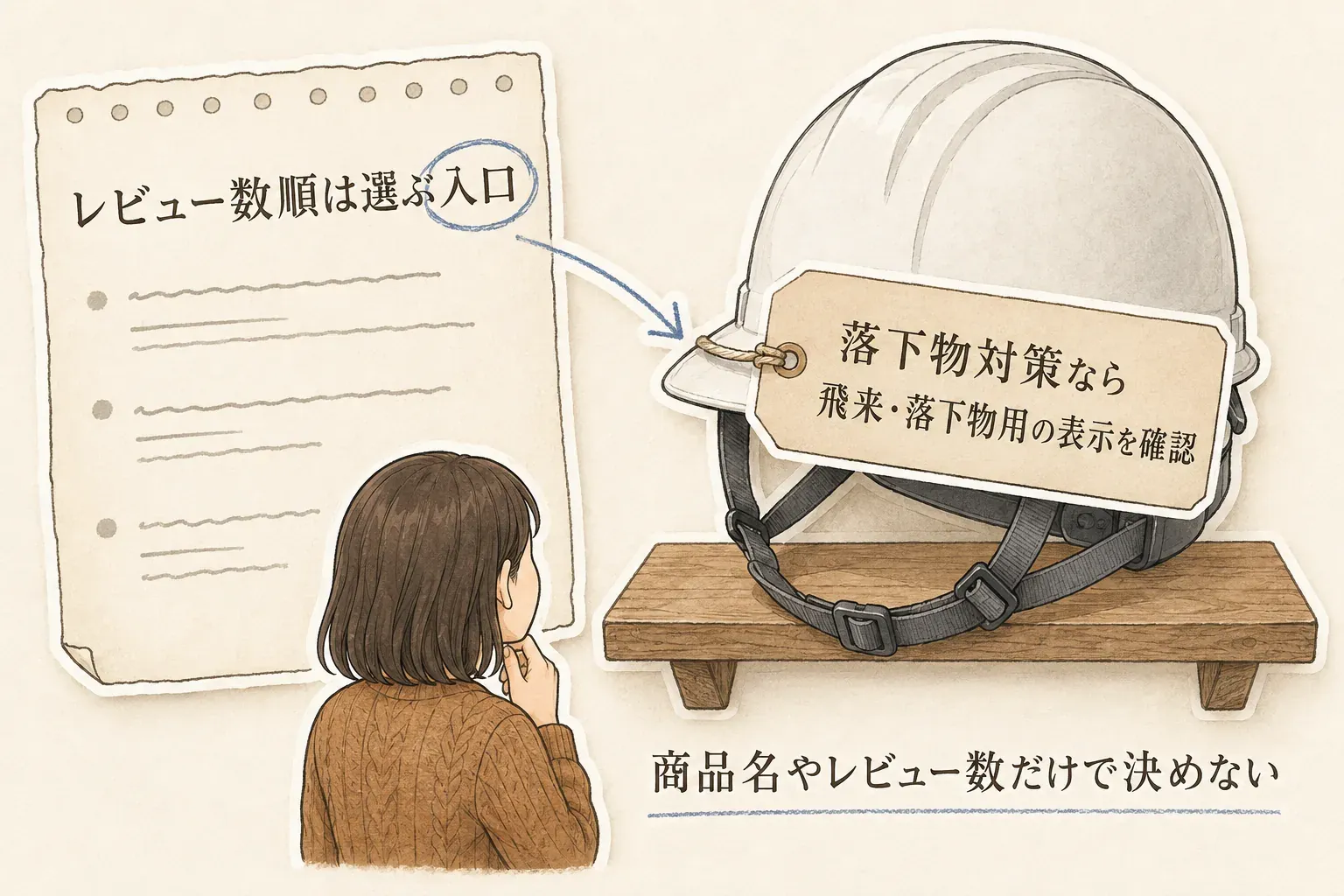 レビュー数順は商品を選ぶ入口とし、落下物対策ではヘルメットの飛来・落下物用の表示を確認して、商品名やレビュー数だけで決めないことを示す図