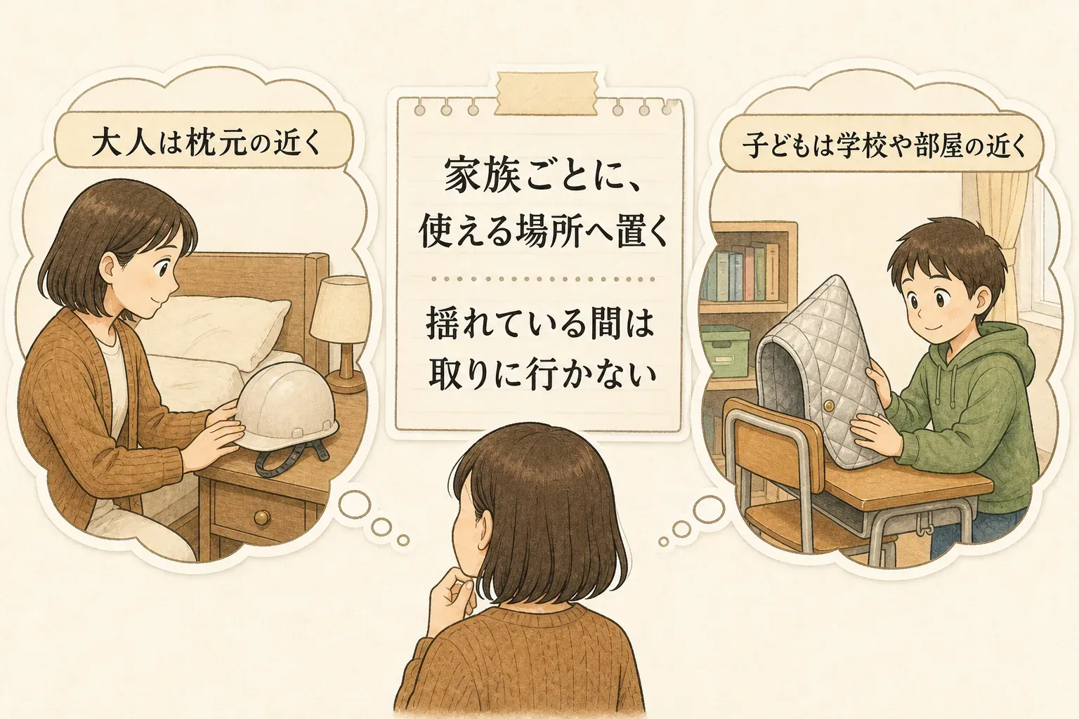 家族ごとに使える場所へ頭を守る物を置く図。大人は枕元の近く、子どもは学校や部屋の近くに置き、揺れている間は取りに行かないよう示している