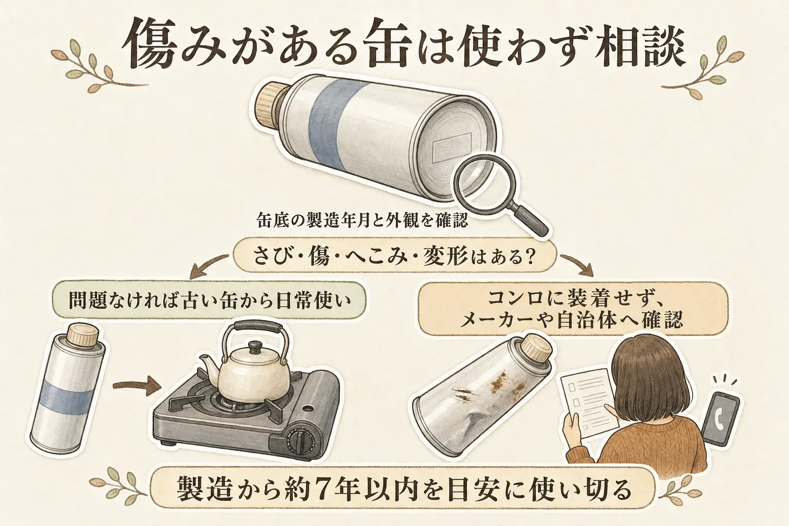 カセットボンベの使用可否を分ける図。缶底の製造年月と外観を確認し、さび・傷・へこみ・変形がなければ古い缶から日常使いして製造から約7年以内を目安に使い切る。異常があればコンロに装着せず、メーカーや自治体へ確認する。出典：一般社団法人 日本ガス石油機器工業会、独立行政法人製品評価技術基盤機構