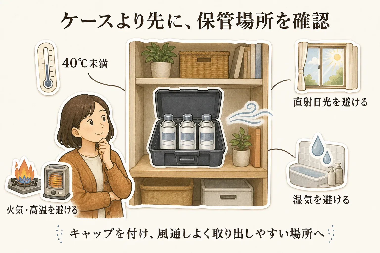 カセットボンベの保管場所を示す図。ケースを棚に置き、室内40℃未満、直射日光・火気・高温・湿気を避け、キャップを付けて風通しがよく取り出しやすい場所に保管する。出典はJGKA「携帯ガス機器の防災備蓄ガイド」