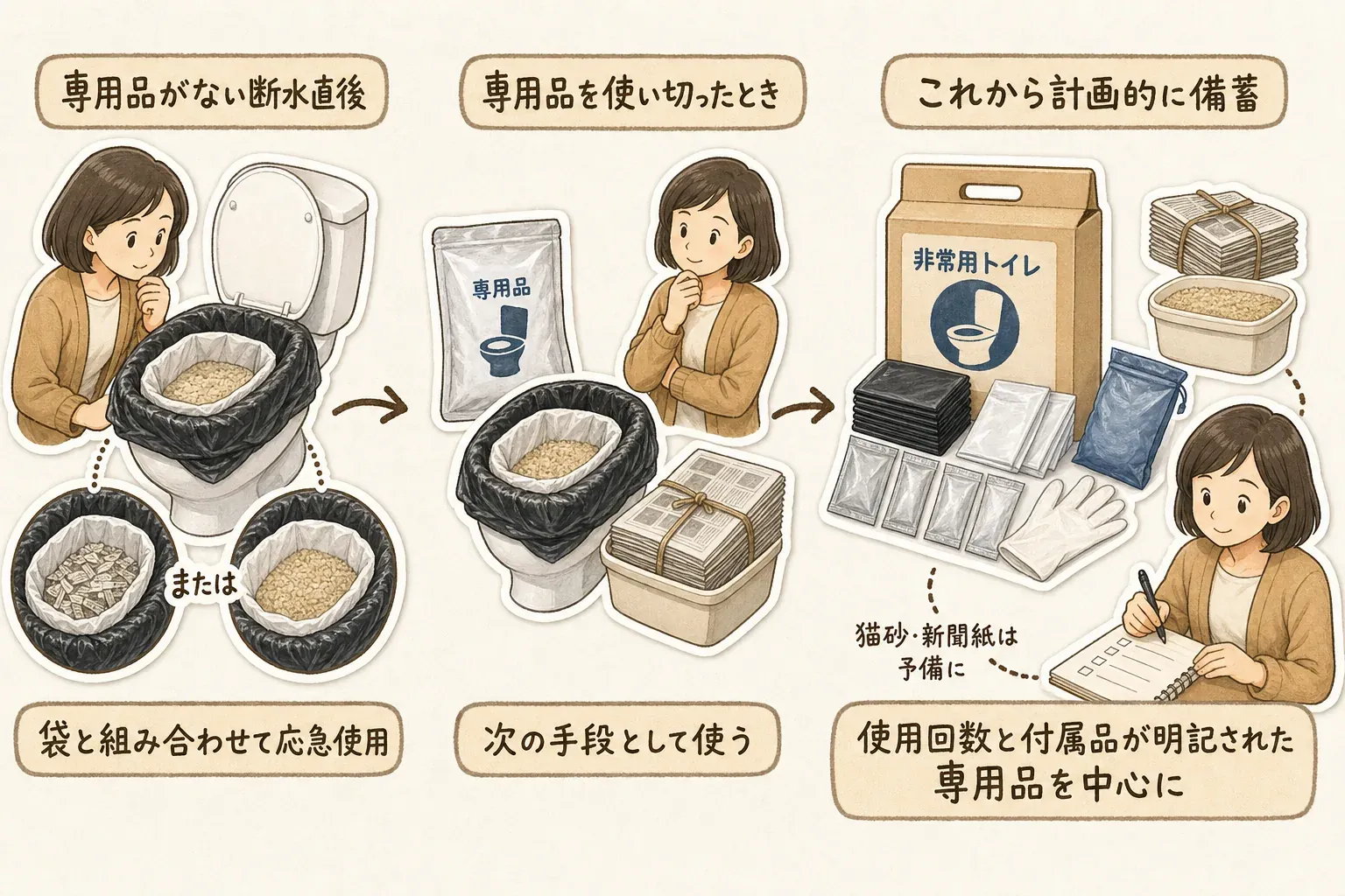 猫砂・新聞紙は専用品がない断水直後や専用品を使い切ったときに袋と組み合わせて使い、計画備蓄では使用回数と付属品が明記された専用非常用トイレを中心にする使い分けの図