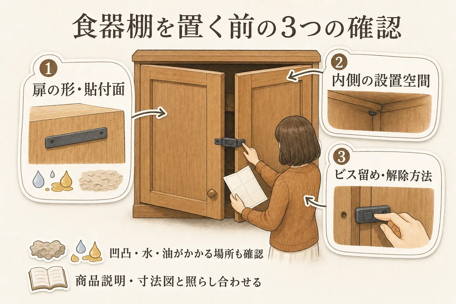 食器棚を置く前の3つの確認を示す図。扉の形と貼付面、内側の設置空間、ビス留めと解除方法を確認し、凹凸・水・油がかかる場所も避け、商品説明や寸法図と照らし合わせることを示している