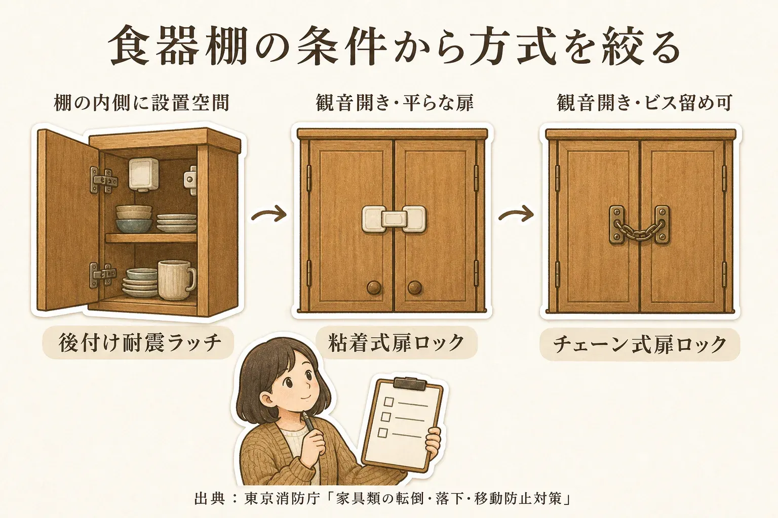 食器棚の条件から扉ロック方式を絞る図。棚の内側に設置空間がある場合は後付け耐震ラッチ、観音開きで平らな扉には粘着式扉ロック、観音開きでビス留めできる扉にはチェーン式扉ロックを示す。出典：東京消防庁「家具類の転倒・落下・移動防止対策」