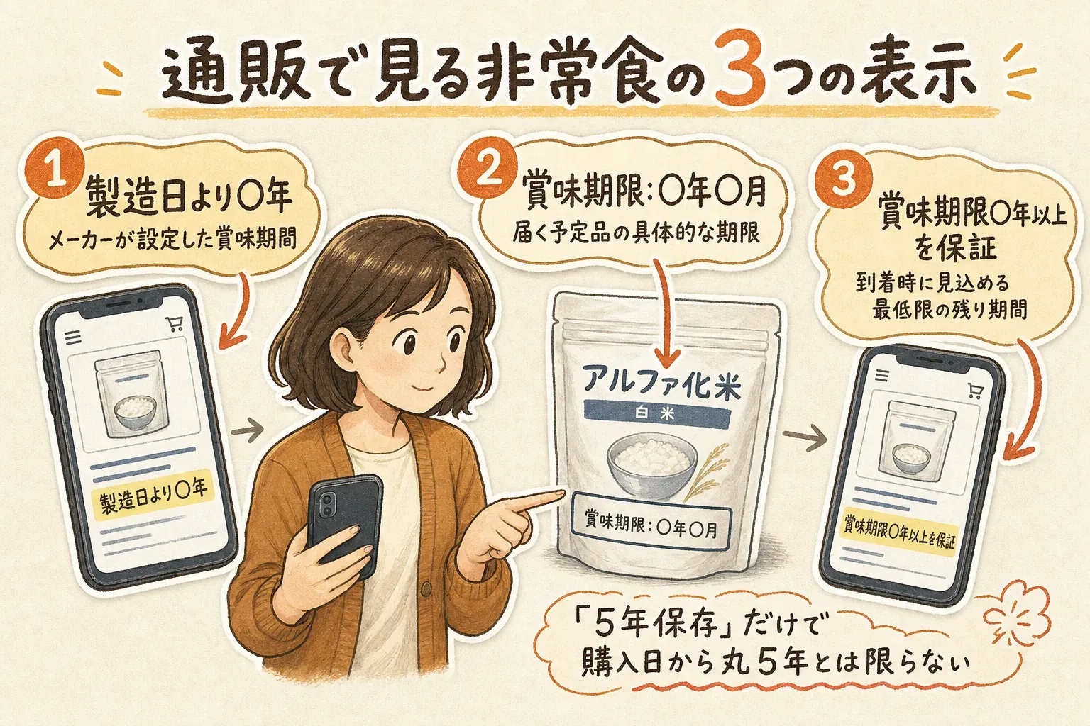 通販で見る非常食の3つの表示。製造日より○年はメーカーが設定した賞味期間、賞味期限：○年○月は届く予定品の具体的な期限、賞味期限○年以上を保証は到着時に見込める最低限の残り期間を表し、「5年保存」だけでは購入日から丸5年とは限らないことを示す図