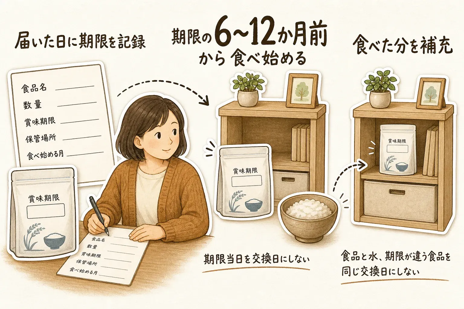 非常食の入れ替え手順。届いた日に食品名・数量・賞味期限・保管場所・食べ始める月を記録し、賞味期限の6〜12か月前から食べ始め、食べた分を補充する。期限当日を交換日にせず、食品と水など期限が違う物を同じ交換日にしない