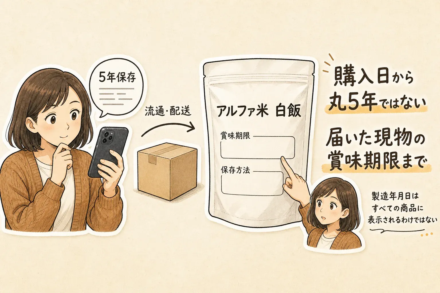 非常食の製造から賞味期限までの流れを示す図。メーカーが製造日・製造月から賞味期間を設定し、販売店での保管と配送を経て購入者に届くため、「5年保存」は購入日から一律5年ではなく、現物に表示された賞味期限を確認する
