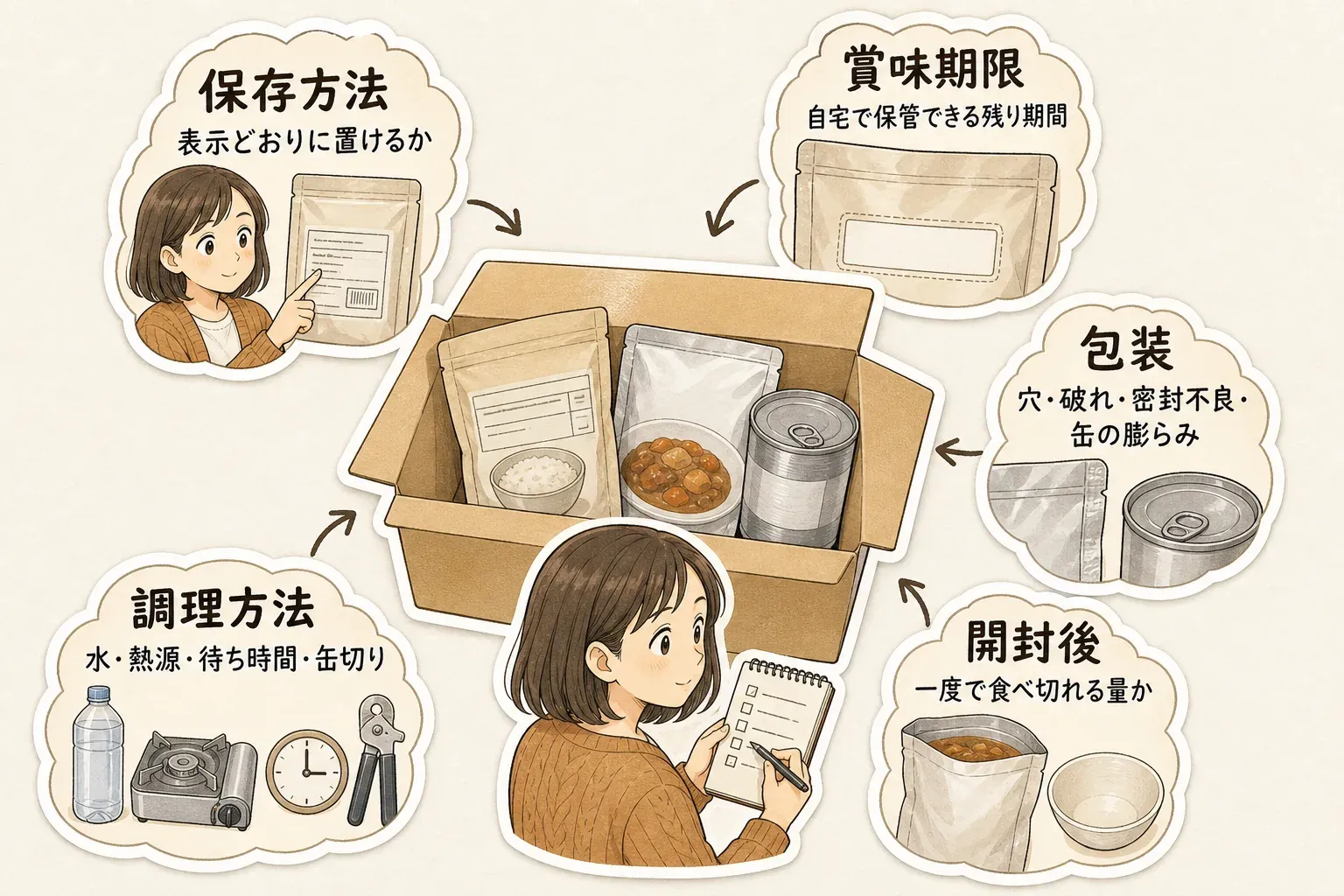 非常食を保管する前の確認項目を示す図。未開封で表示どおりに保存し、直射日光と高温多湿を避けること、賞味期限・保存方法・包装の穴や破れ・缶の膨らみ・調理方法・開封後の扱いを確認する