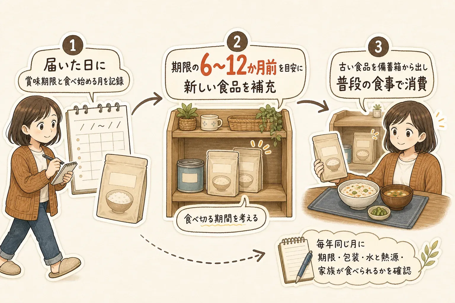 非常食の入れ替え時期を示す図。届いた日に賞味期限と保管場所を記録し、賞味期限の6〜12か月前から食べ始め、食べた分を補充する。毎年同じ月に期限、包装、水と熱源、家族が食べられるかを点検する