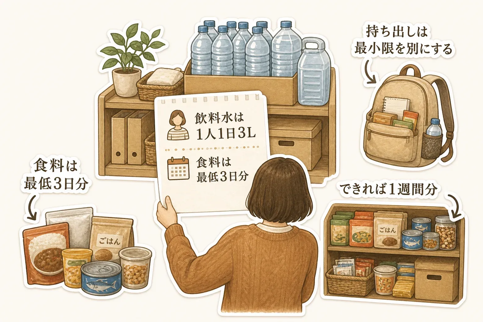 自宅備蓄の目標を示す図。飲料水は1人1日3リットル、食料は最低3日分・できれば1週間分を棚に備え、持ち出し用の防災リュックには最小限を別に入れることを示している