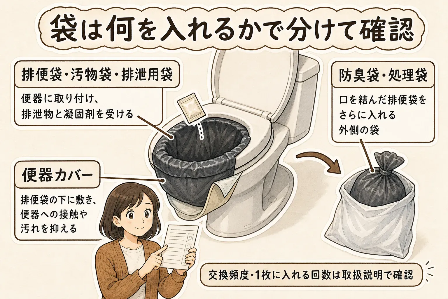 排便袋・汚物袋・排泄用袋は便器に取り付けて排泄物と凝固剤を受け、防臭袋・処理袋は口を結んだ排便袋をさらに入れる外側の袋、便器カバーは排便袋の下に敷いて便器への接触や汚れを抑える役割を示す図。交換頻度と1枚に入れる回数は取扱説明で確認するよう案内している