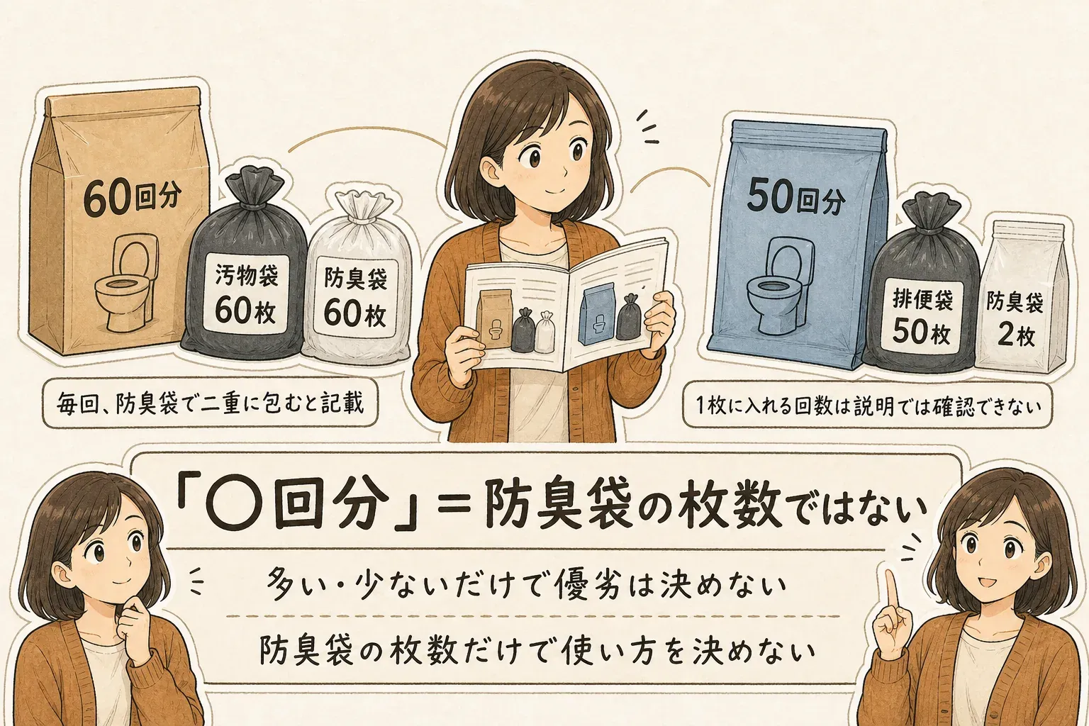 60回分で汚物袋60枚・防臭袋60枚が付き毎回防臭袋で二重に包むと記載された例と、50回分で排便袋50枚・防臭袋2枚の例を並べ、「○回分」が防臭袋の枚数と同じとは限らず、枚数だけで使い方や優劣を決めないことを示す図