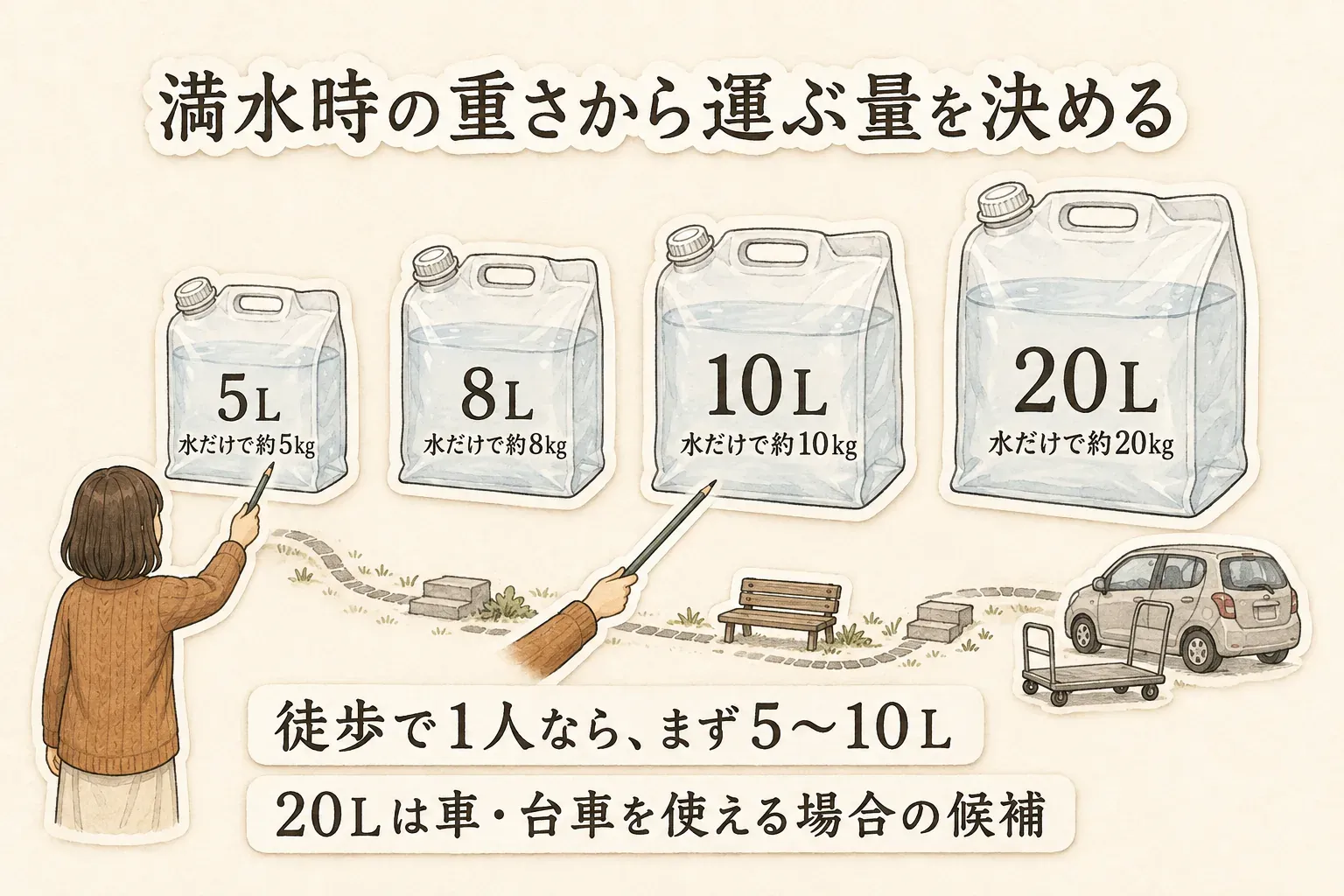 満水時の重さから折りたたみウォータータンクの運ぶ量を決める図。5Lは水だけで約5kg、8Lは約8kg、10Lは約10kg、20Lは約20kgと示し、徒歩で大人1人ならまず5〜10L、20Lは車・台車を使える場合の候補としている