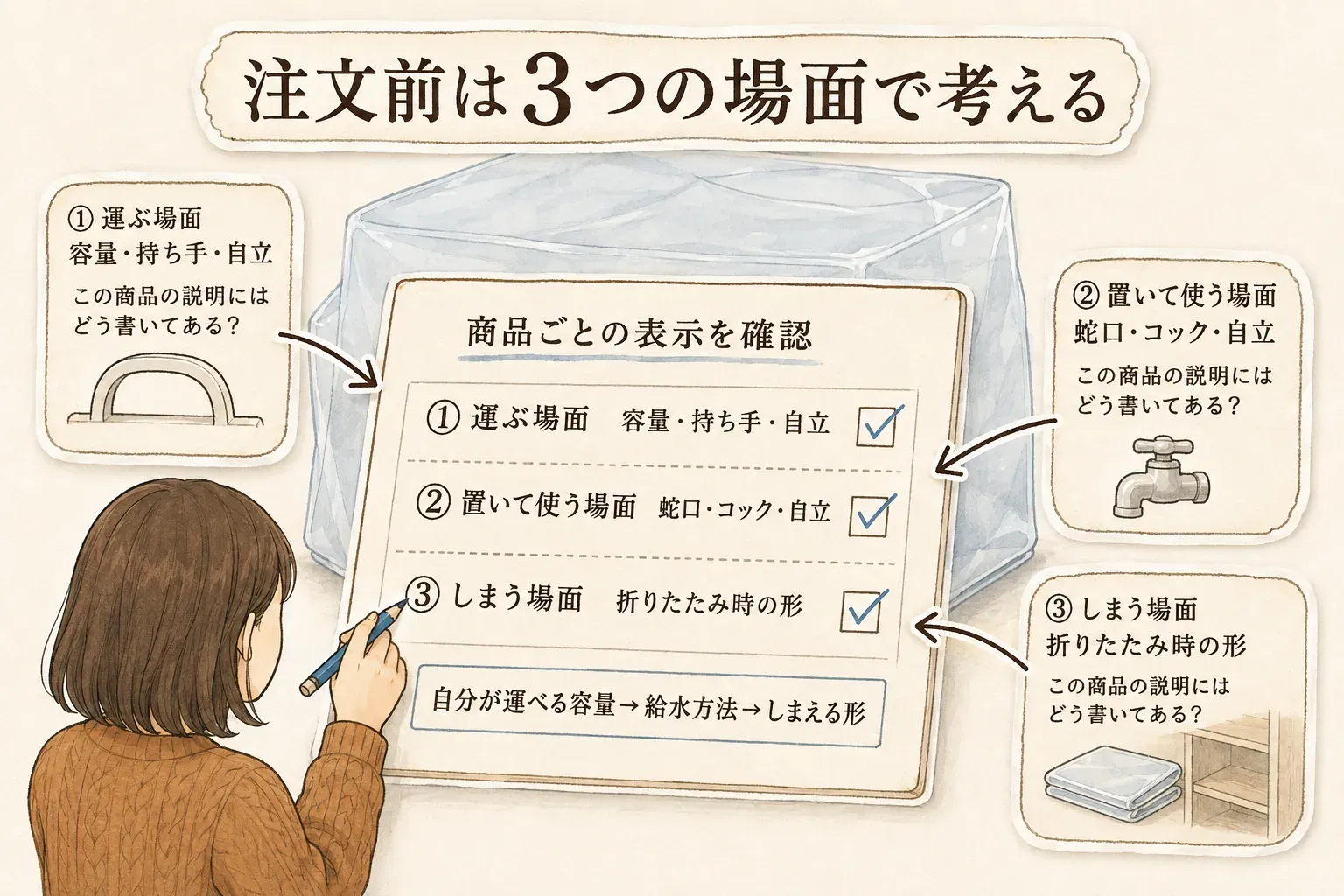 折りたたみウォータータンクを注文前に3つの場面で確認する図。運ぶ場面では容量・持ち手・自立、置いて使う場面では蛇口・コック・自立、しまう場面では折りたたみ時の形を商品ごとの表示で確認し、自分が運べる容量、給水方法、収納形状の順で選ぶことを示している
