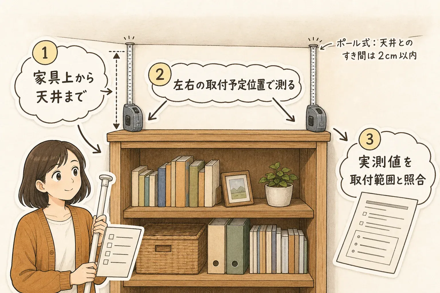 家具の上面から天井までのすき間を、突っ張り棒を取り付ける左右それぞれの予定位置でメジャーを使って測り、実測値を商品の取付範囲と照らし合わせる方法を示す図。天井高ではなく家具上部から天井までを測ることを案内している