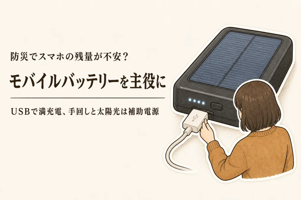 手回し充電器でスマホはどれくらい？防災用ソーラーモバイルバッテリーと持ち出し方を比較