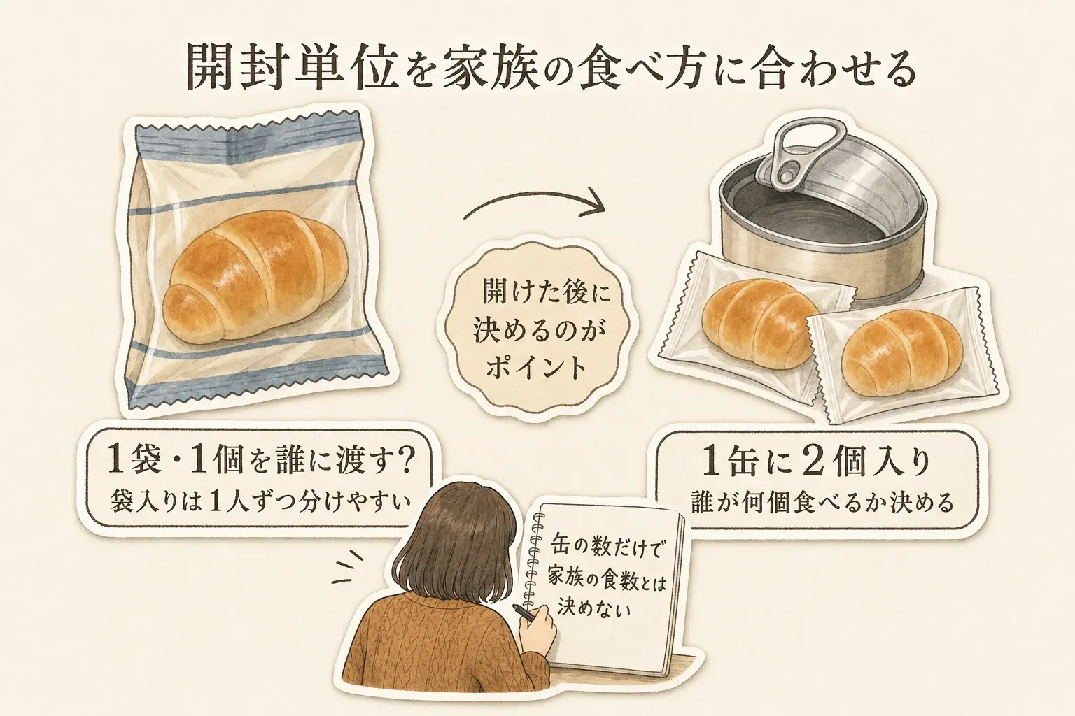 開封単位を家族の食べ方に合わせる図。袋入りパンは1袋・1個を誰に渡すか決めて1人ずつ分けやすく、缶詰パンは1缶に2個入りのため誰が何個食べるかを決める。缶の数だけでは家族の食数は決まらないことを示している