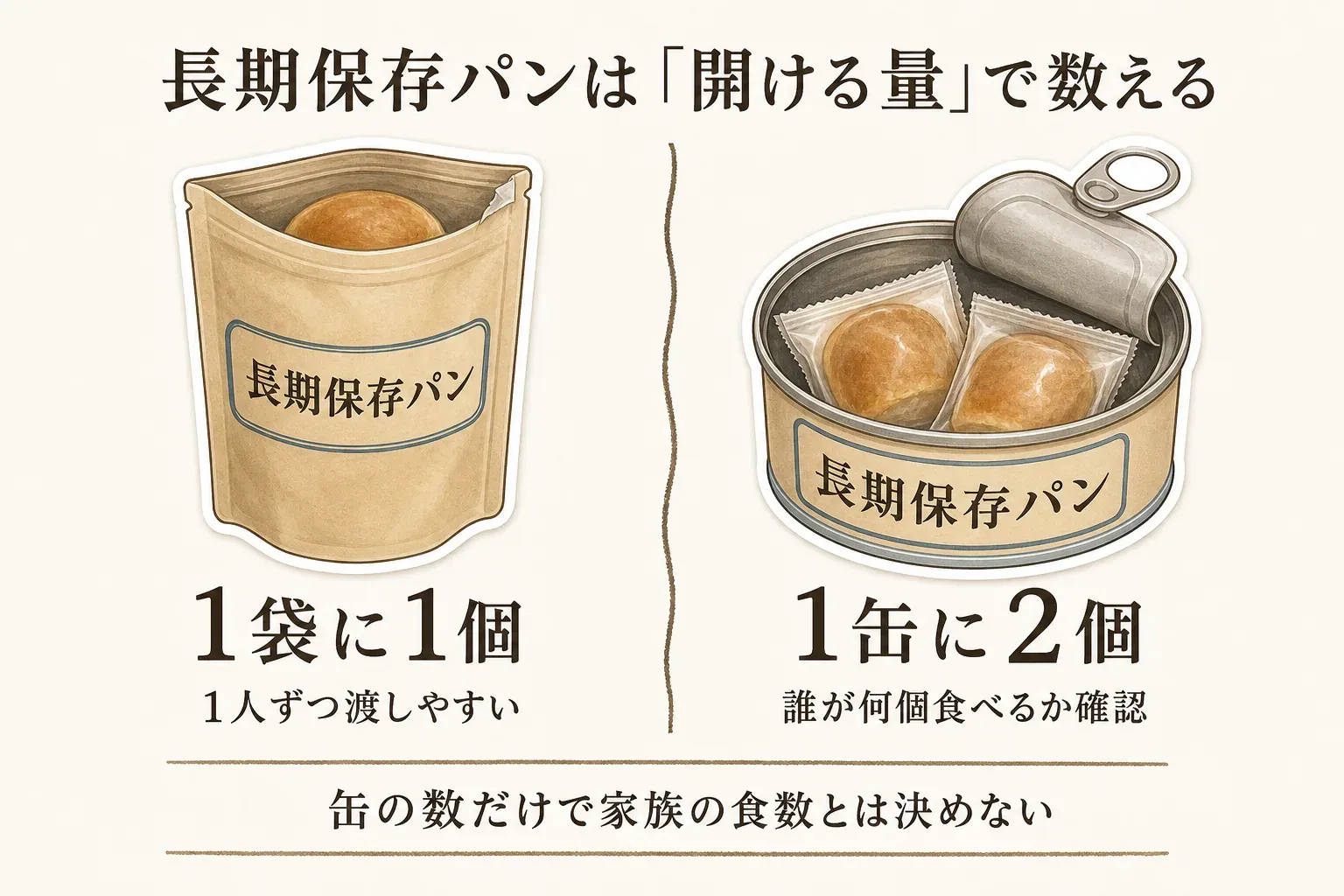 長期保存パンは開ける量で数えることを示す図。袋入りは1袋に1個で1人ずつ渡しやすく、缶入りは1缶に2個で誰が何個食べるかを確認し、缶の数だけでは家族の食数を決めないよう案内している