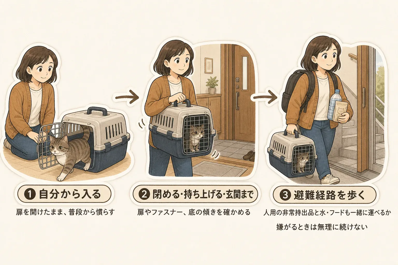 ペット同行避難に向けたキャリー練習の順序を示す図。ペットが自分から入る、扉を閉める、持ち上げる、玄関まで移動する、避難経路を歩く、人用の非常持出品も同時に運ぶ、という順に負担を増やして確認する