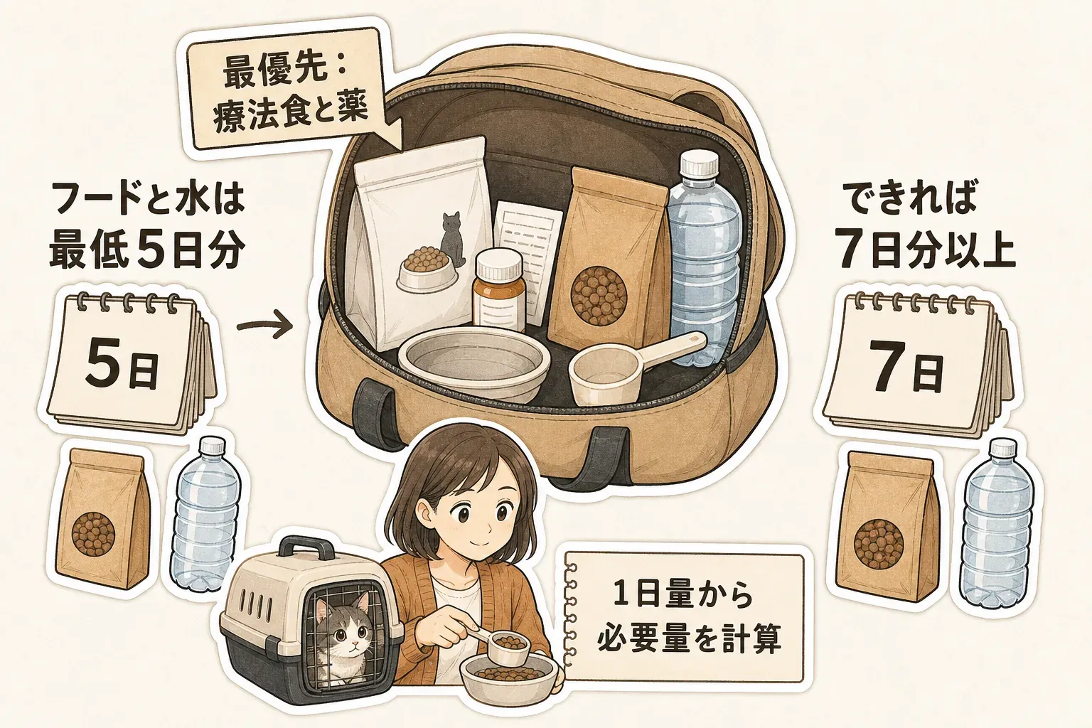 猫・犬の同行避難用の持ち出し品を、療法食と常用薬を最優先に、フードと水は少なくとも5日分・できれば7日分以上、キャリーやリード、衛生用品、飼い主の連絡先とペットの写真、健康記録を備える図