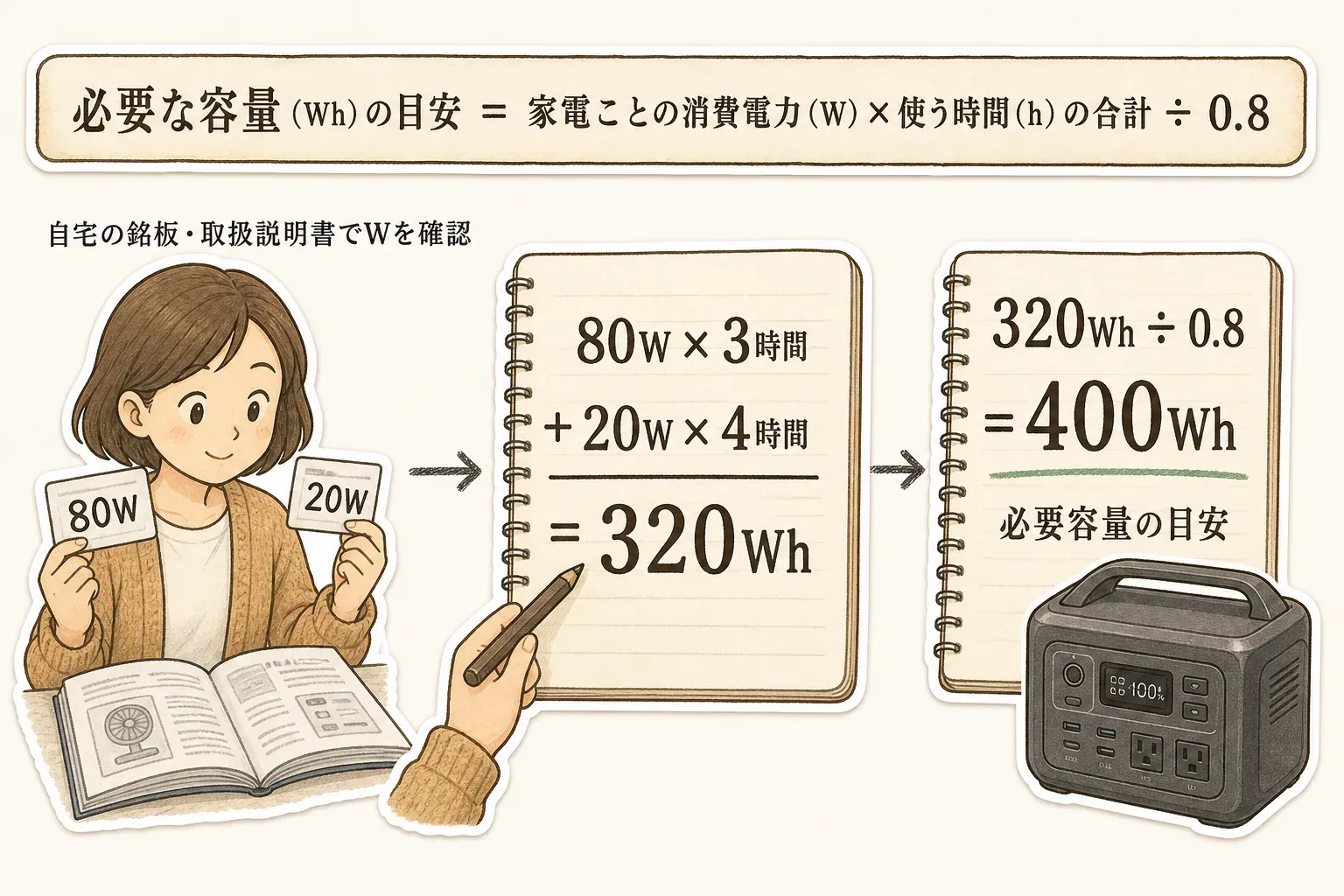 必要な容量（Wh）の目安を「家電ごとの消費電力（W）×使う時間（h）の合計÷0.8」で計算する図。銘板・取扱説明書で確認した80Wを3時間、20Wを4時間使う例では、合計320Whを0.8で割り、必要容量の目安は400Whになることを示している