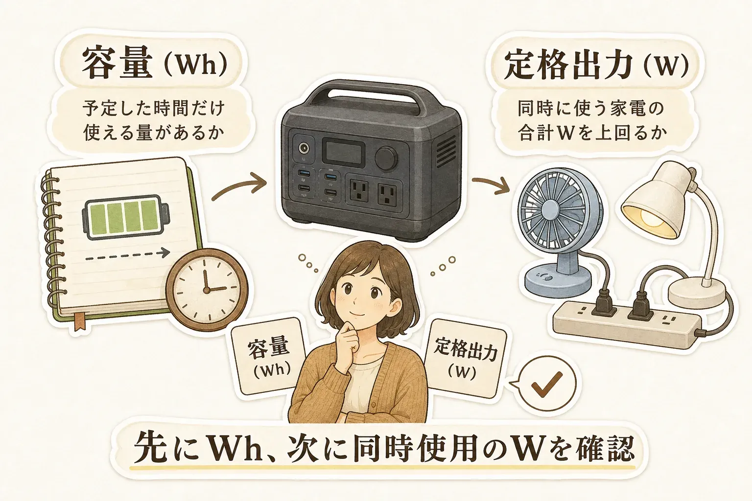 容量（Wh）は予定した時間だけ使える量があるか、定格出力（W）は同時に使う家電の合計Wを上回るかを確認する数字であり、先にWh、次に同時使用のWを確認することを示す図