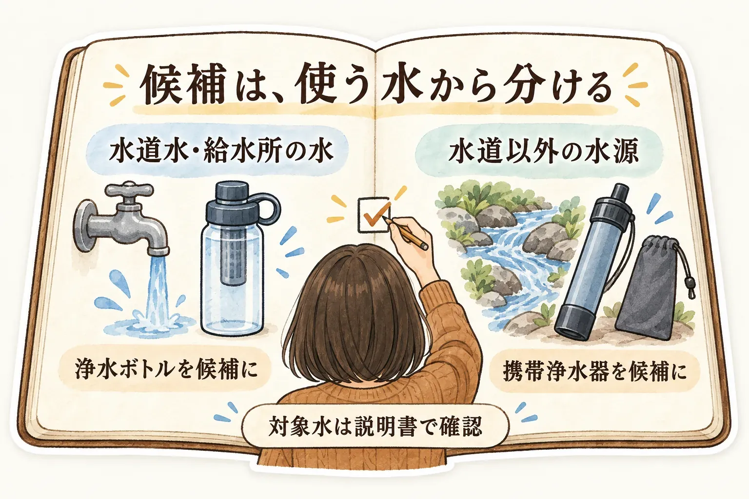 水道水・給水所の水には浄水ボトル、水道以外の川などの水源には携帯浄水器を候補にし、どちらも対象水を説明書で確認することを示す図