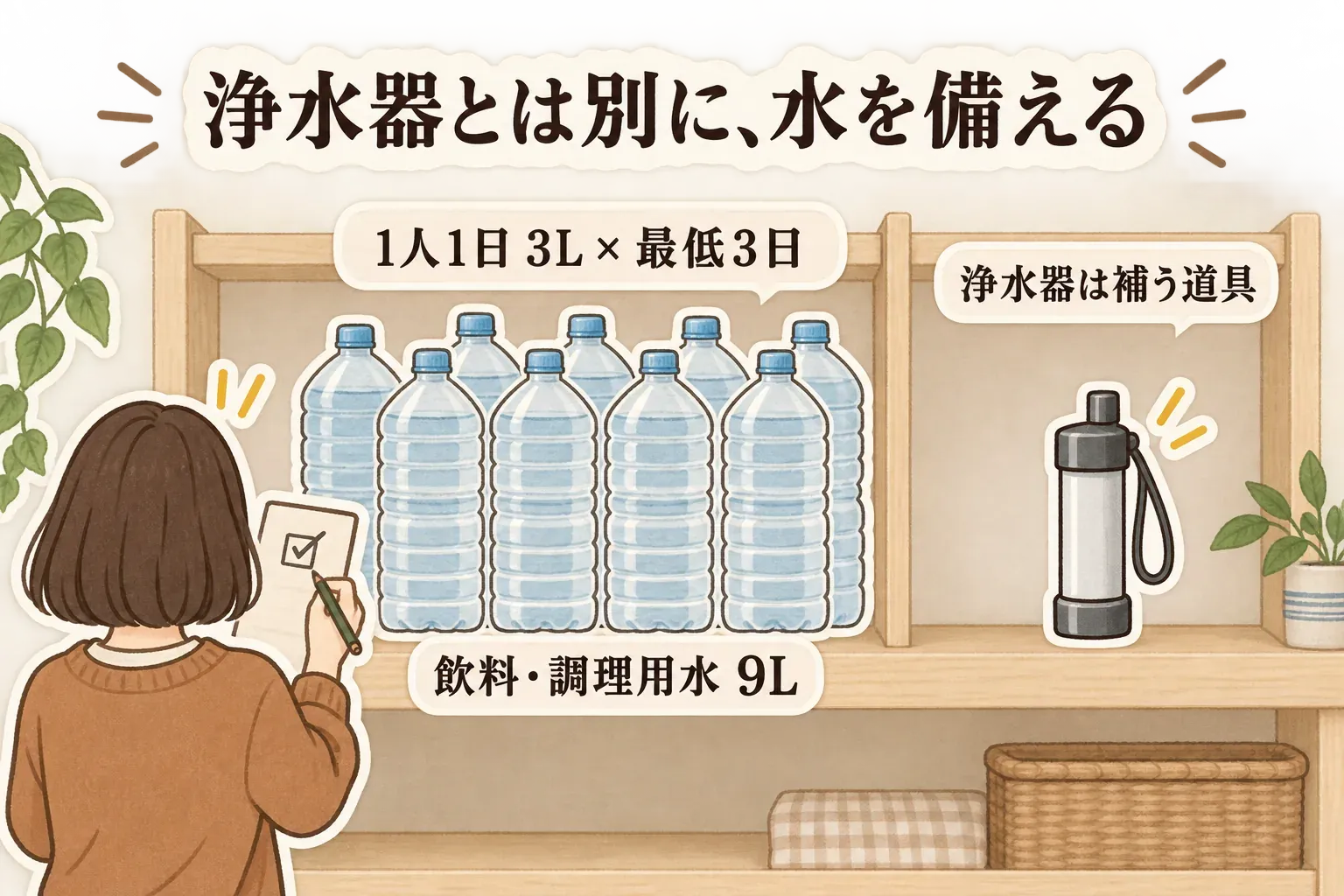 浄水器とは別に、飲料・調理用水を1人1日3リットル、最低3日分の9リットル備えることと、浄水器は補う道具であることを示す図