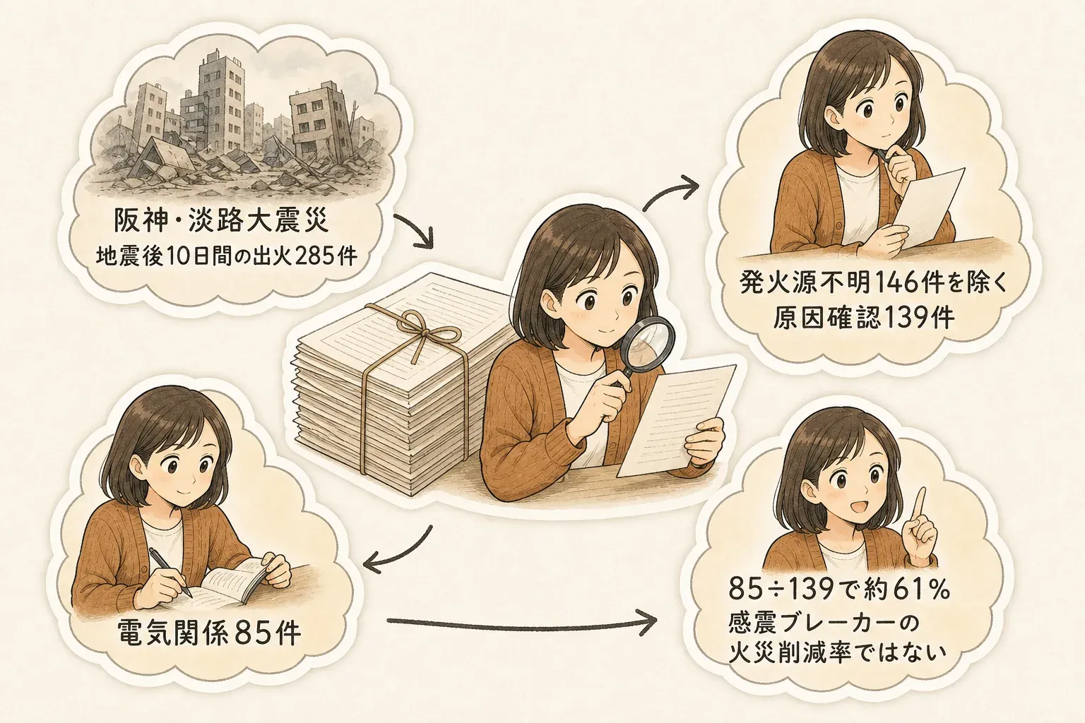 阪神・淡路大震災の地震後10日間の出火285件から原因不明146件を除いた、原因が確認できた139件を分母とし、そのうち電気関係を発火源とする85件が約61％となる「電気火災6割」の根拠を示す図。出典：内閣府の電気火災対策に関する参考資料
