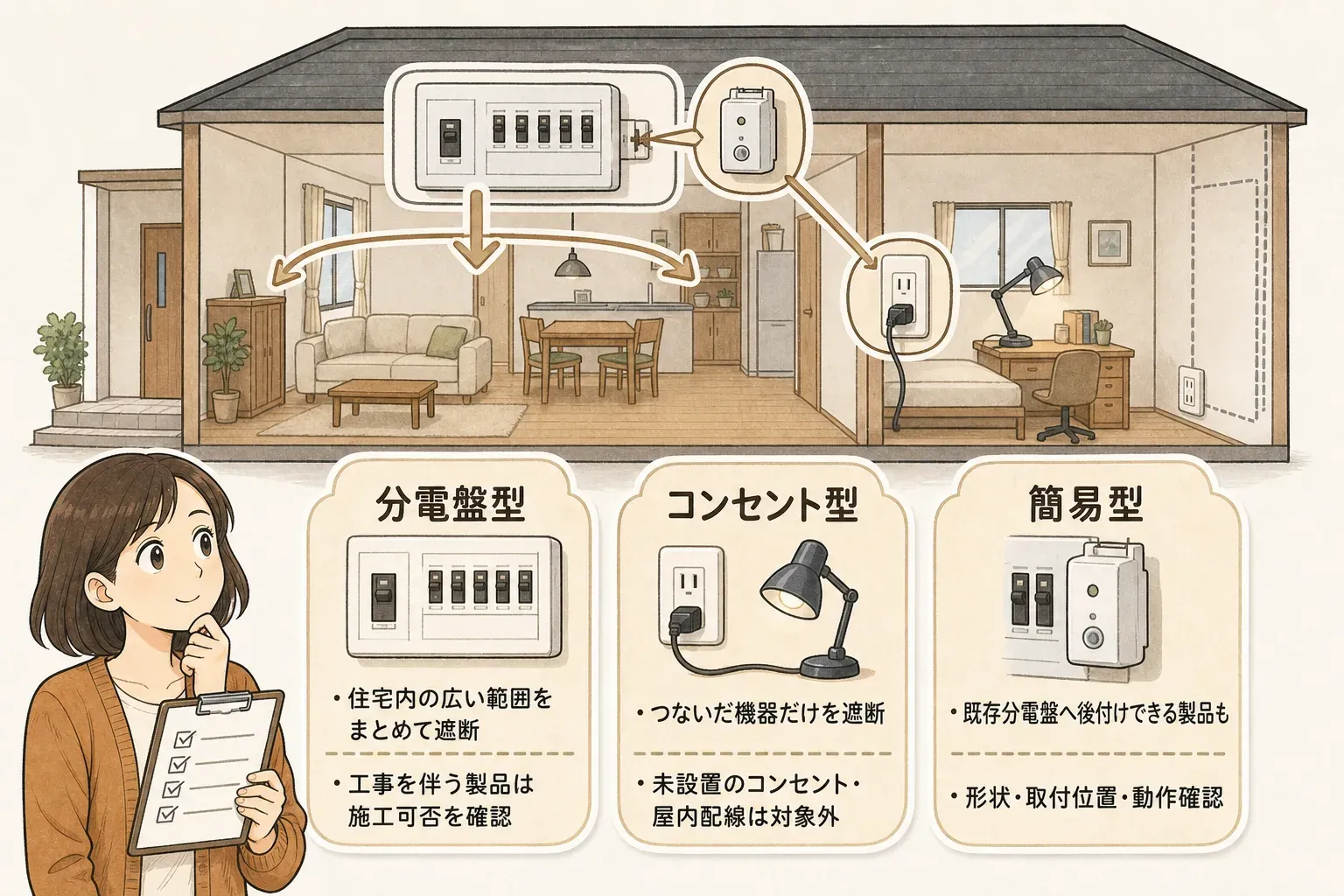 感震ブレーカーの遮断範囲を比べ、分電盤型は家全体の電気を一括遮断、コンセント型は接続した機器だけを遮断、簡易型は既存分電盤のブレーカーを落として住宅内の広い範囲を遮断することを示す図。工事の必要性と停止時に困る機器の確認も案内している