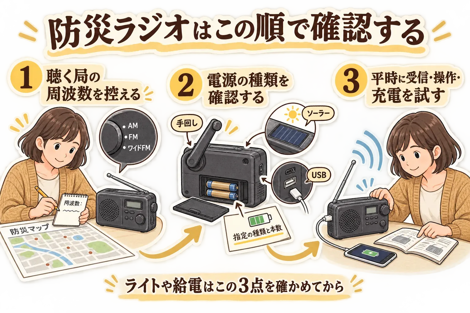 防災ラジオを選ぶ順番を示す図。1番目に防災マップで聴きたい局のAM・FM・ワイドFMの周波数を控え、2番目に手回し・ソーラー・USB・乾電池など電源の種類と指定の電池の本数を確認し、3番目に平時に受信・操作・充電を試す。ライトやスマホ給電はこの3点の後に確認する