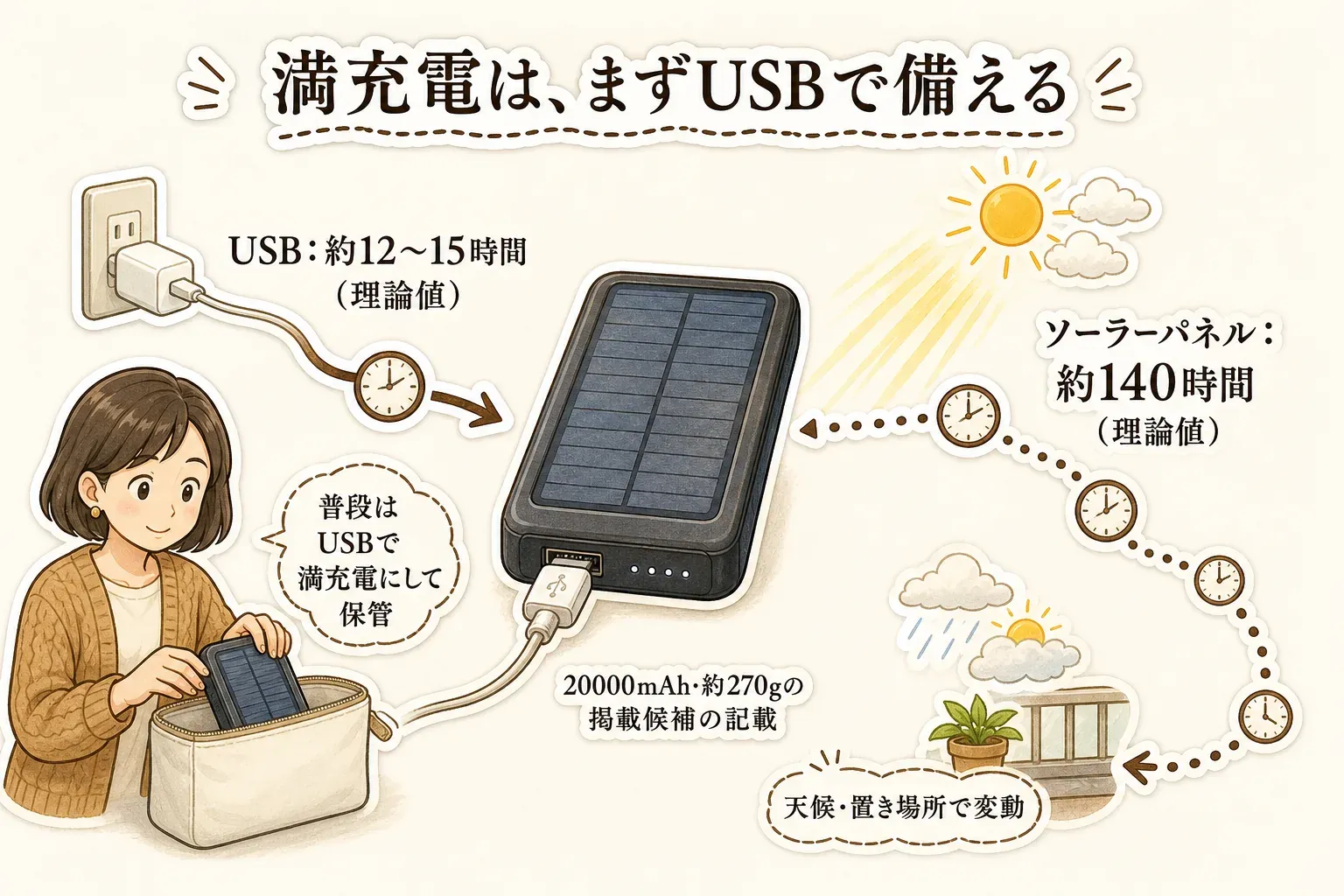 満充電はまずUSBで備えることを示す図。20000mAh・約270gの掲載候補について、USB充電は約12〜15時間、ソーラーパネル充電は約140時間という理論値の記載と、ソーラー充電は天候や置き場所で変動することを示している。掲載候補の商品説明による記載