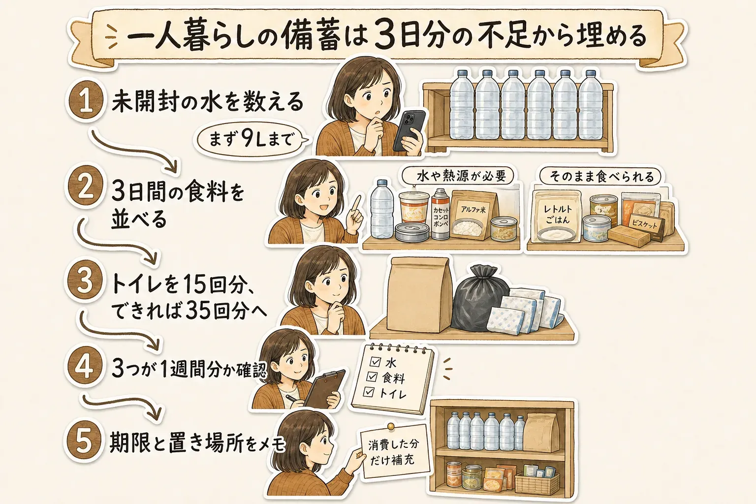 一人暮らしの備蓄を3日分の不足から埋める5手順の図。未開封の水を数えてまず9Lまで補い、3日間の食料を水や熱源が必要な物とそのまま食べられる物に分け、非常用トイレを15回分・できれば35回分へ増やし、水・食料・トイレが1週間分あるかを確認し、期限と置き場所をメモして消費した分だけ補充する
