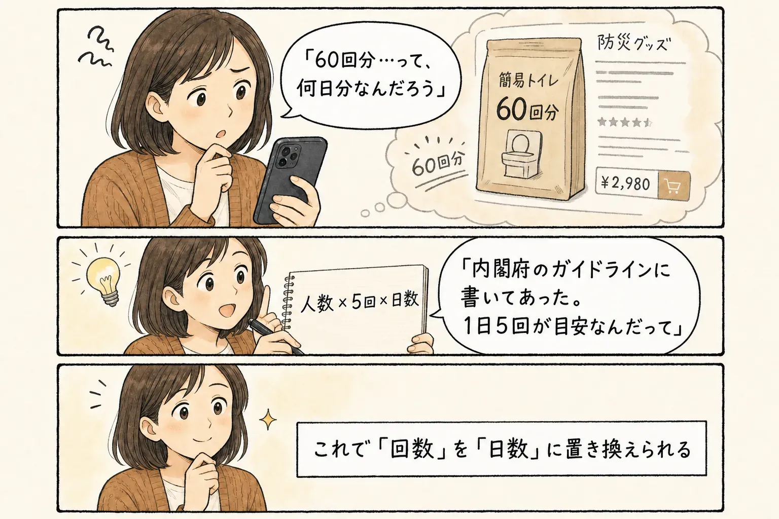 必要な備蓄数＝想定人数（a）×1日の使用回数5回×備蓄する日数n。出典は内閣府（防災担当）避難所におけるトイレの確保・管理ガイドライン