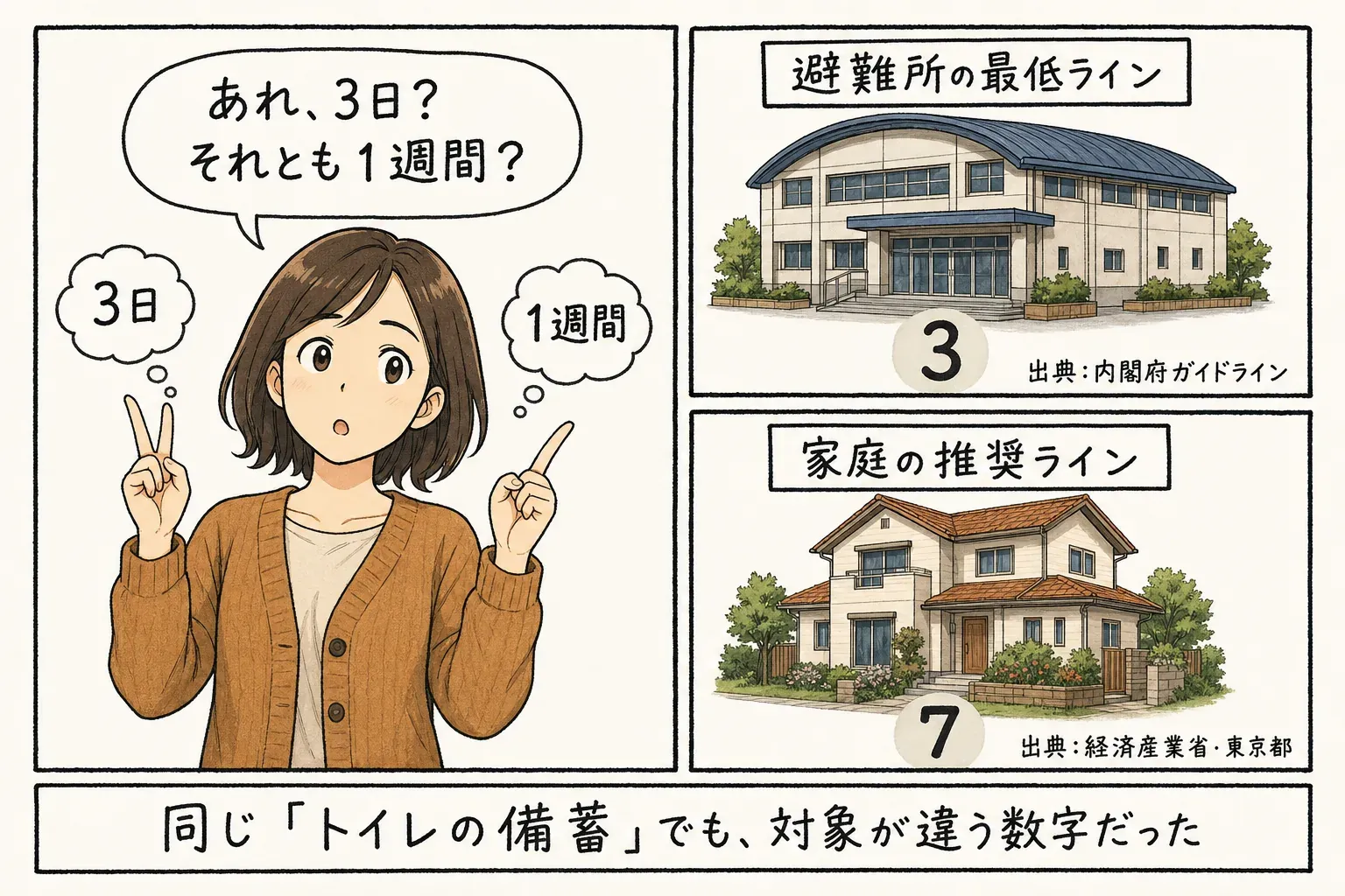 避難所の最低ラインは3日（出典：内閣府ガイドライン）、家庭の推奨ラインは1週間（出典：経済産業省・東京都）。同じトイレの備蓄でも対象が違う数字