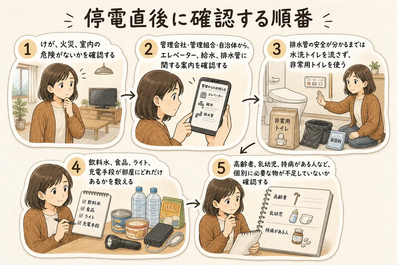 停電直後に確認する5つの手順を示す図。けが・火災・室内の危険を確認し、管理会社・管理組合・自治体からエレベーター・給水・排水管の案内を確認する。排水管の安全が分かるまで水洗トイレを流さず非常用トイレを使い、室内の飲料水・食品・ライト・充電手段を数え、高齢者・乳幼児・持病がある人に必要な物の不足も確認する