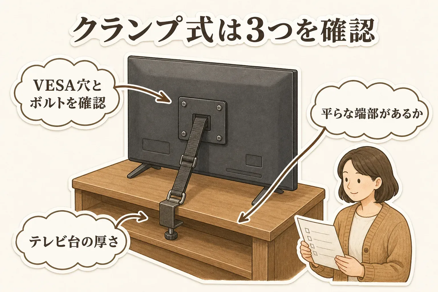 クランプ式テレビ転倒防止ベルトについて、テレビ背面のVESA穴とボルト、テレビ台の天板の厚さ、クランプを挟める平らな端部の3点を確認する図