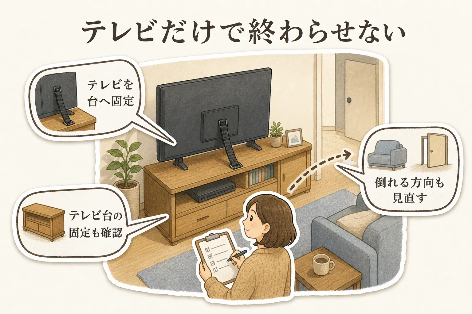 テレビをテレビ台へ固定するだけで終わらせず、テレビ台自体の固定と、テレビやテレビ台が倒れる方向に出入口や通路がないかを確認する図。政府広報オンラインの家具転倒防止の案内を踏まえた内容