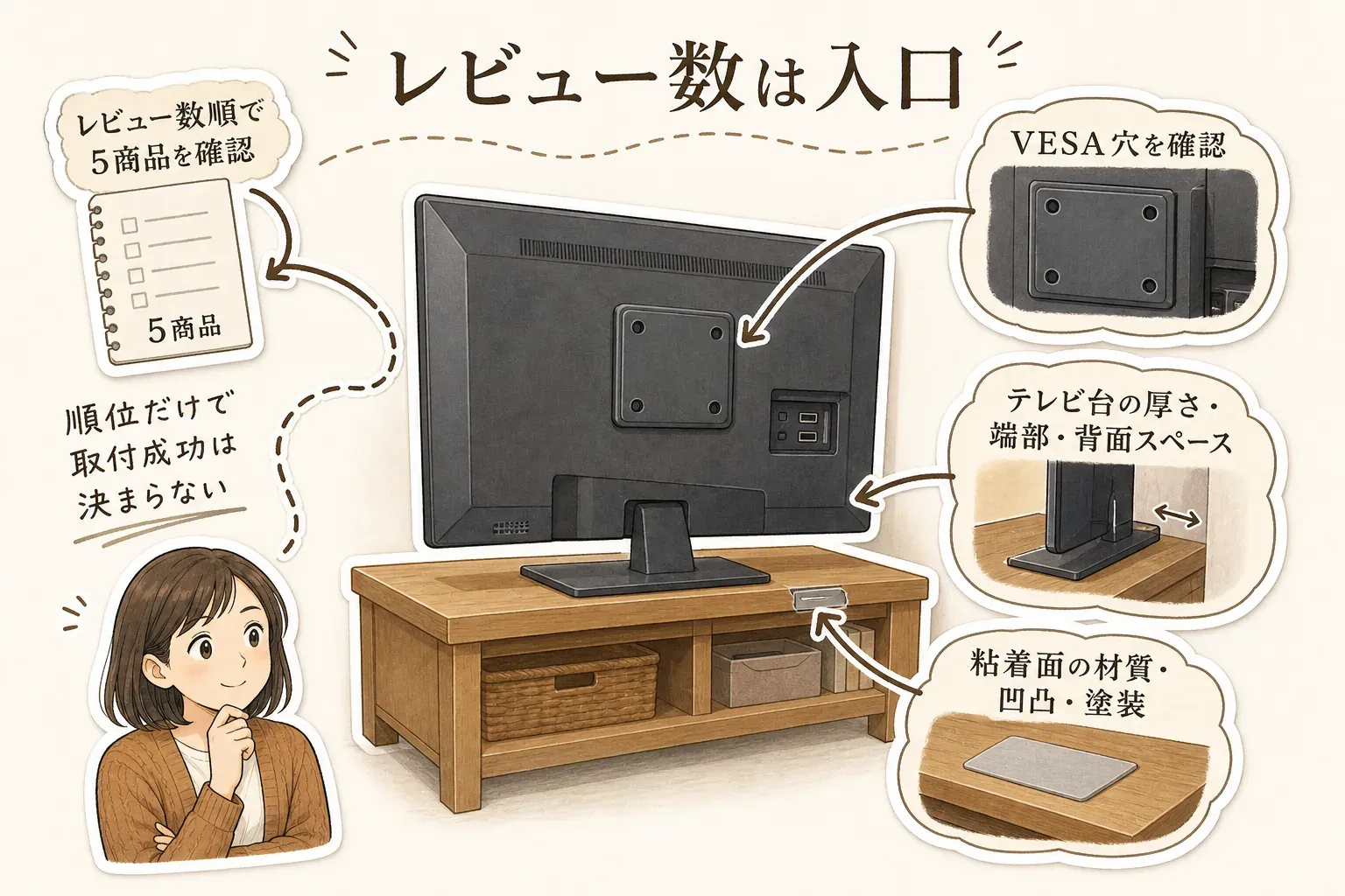 レビュー数順で5商品を確認しても取付成功は決まらないため、テレビ背面のVESA穴、テレビ台の厚さ・端部・背面スペース、粘着面の材質・凹凸・塗装を確認する流れを示す図