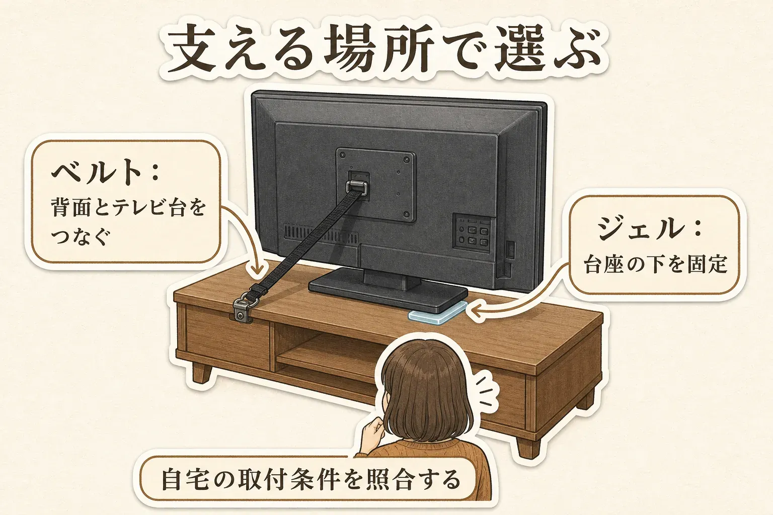 テレビを支える場所で固定方法を選ぶ図。ベルトはテレビ背面とテレビ台をつなぎ、耐震ジェルはテレビ台座の下を固定することを、テレビ台に置いたテレビのイラストで比較し、自宅の取付条件を照合するよう示している