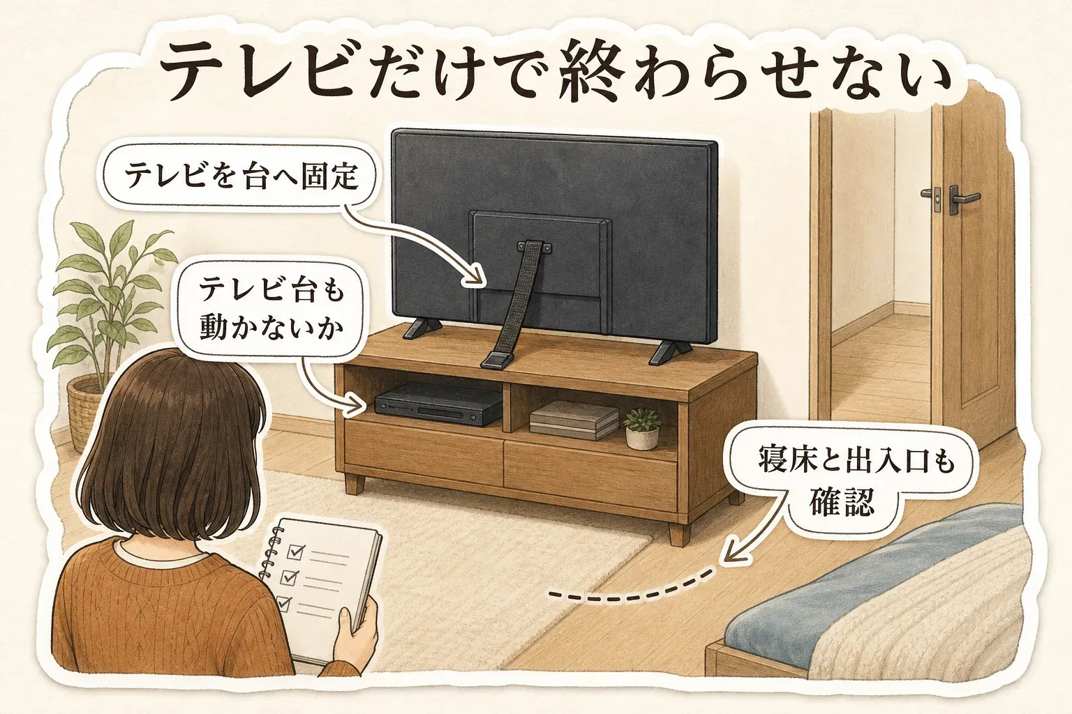 テレビを台へ固定した後も、テレビ台自体が動かないかを確認する図。テレビ台に固定されたテレビ、テレビ台、寝床と出入口を描き、テレビ台の転倒・移動と避難動線をあわせて確認するよう示している