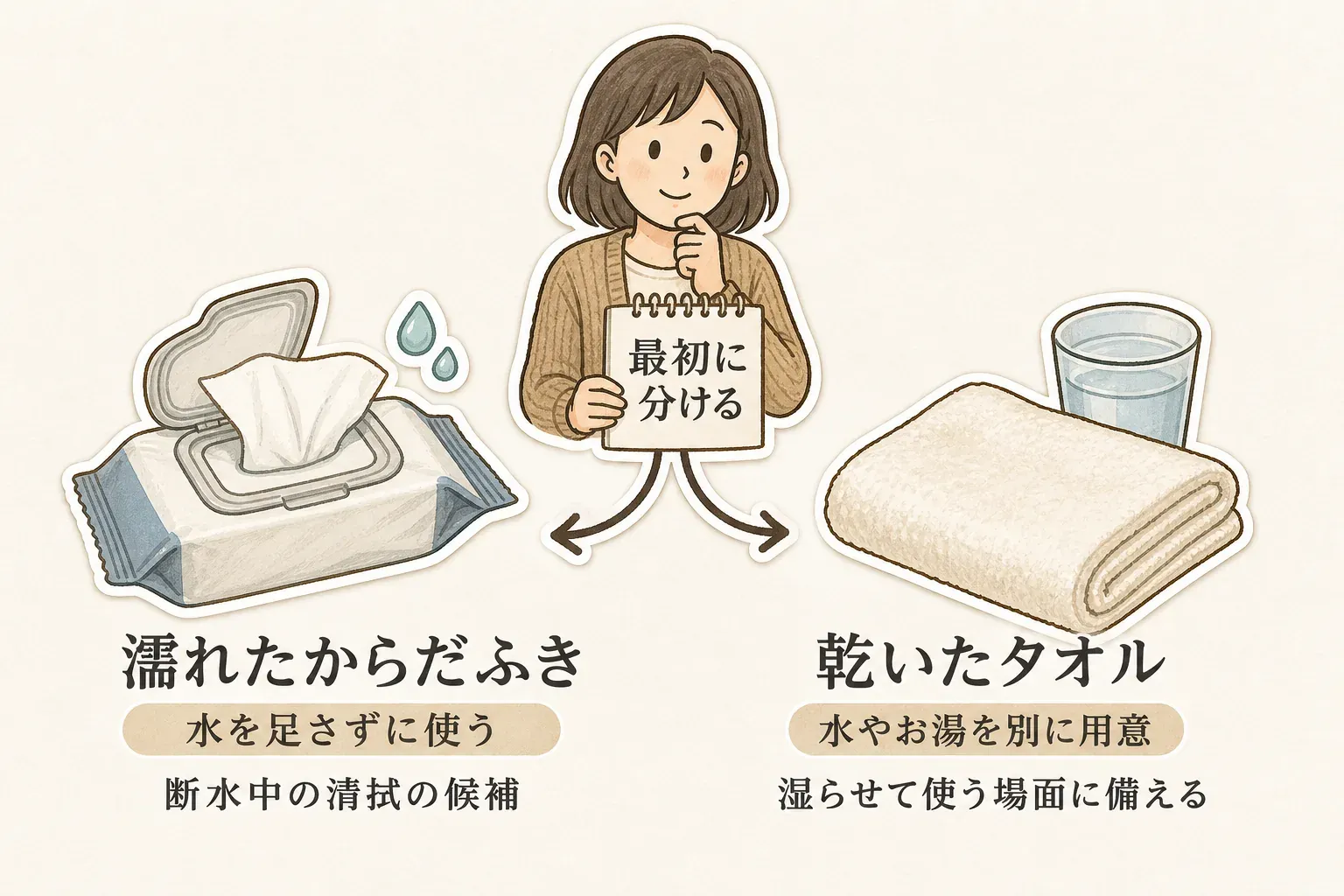 断水中の清拭では、濡れたからだふきは水を足さずに使う候補、乾いたタオルは別に用意した水やお湯で湿らせて使う場面に備えることを示す図